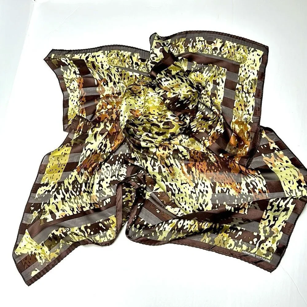 Adrienne Vittadini Silk Scarf Brown Green Ivory Satin Chiffon Square 34×34